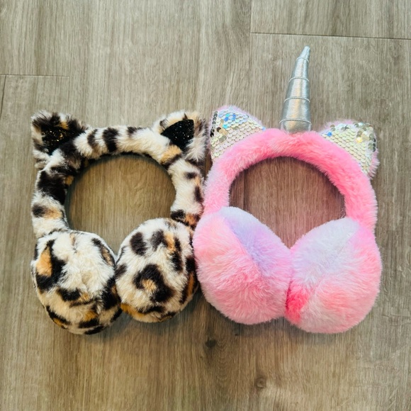 Other - Set Of 2: Girls Sequin Fur Cat Earmuffs Animal Print & Pink With Unicorn Horn